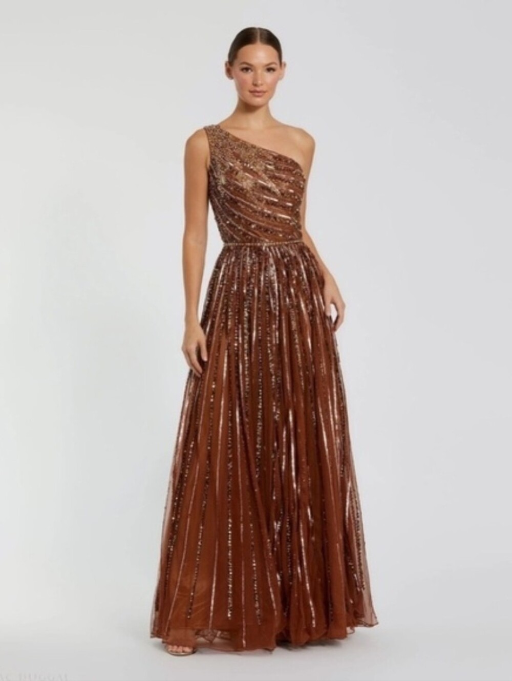 Mac Duggal Brown Sequin Pleated Maxi Skirt